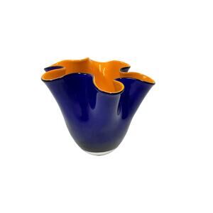 Czech Style Art Glass Handkerchief Vase in Deep Blue & Orange‎